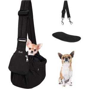 Lukovee Dog Sling Carrier, Hard Bottom Support & Adjustable Soft Padded Shoudler Strap Dog Slings for Small Dogs, Dog Purse with Drawstring Mesh Opening & Zipper Pockets for Puppy Cat Pet (Black, For Pets Up to 9 lbs, Water resistant)