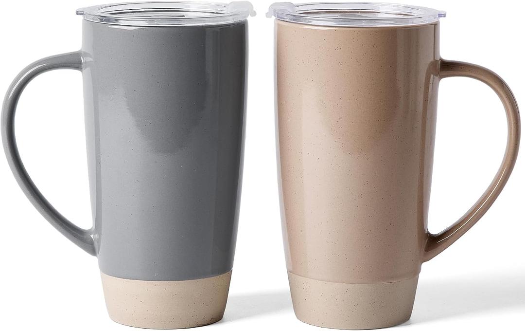 famiware Milkyway Coffee Mugs, 20oz Large Coffee Mug, Ceramic Mug Set of 2 with Lid, Cup Set with Handle for Latte, Tea, Cocoa, Milk, Home & Office, Cinnamon Brown and Dark Gray
