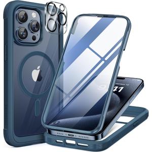 Miracase Magnetic for iPhone 15 Pro Case, Compatible with MagSafe, Full-Body Phone case with Built-in Glass Screen Protector& Camera Protector, Military Drop Proof 15 Pro Cover 6.1 inch, Storm Blue