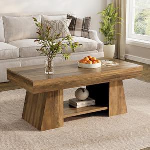 Tohomeor Coffee Table, 47.24" Farmhouse Wooden Rectangular Accent Center Tables with Storage Shelf Thick Base for Living Room, Home Office, Retro Brown
