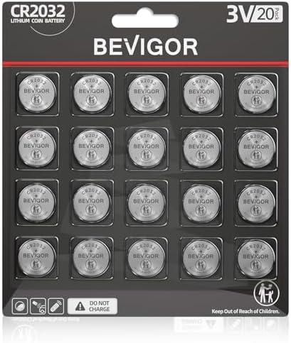 BEVIGOR 2032 Battery CR2032 Lithium 3V Coin Battery 20 Pack Compatible with AirTag for Child Safety, Suitable for Key Fobs, Smart Sensors, Scales, Candles and More