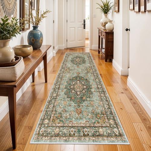 Washable Oriental Hallway Runner Rug - 3x8 Rugs for Living Room Soft Carpet for Bedroom Kitchen Waterproof Floral Distressed Indoor Stain Resistant Non-Shedding Floor Carpets (Green, 36"×60")