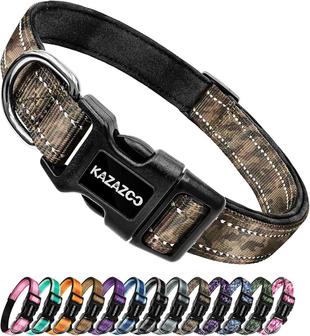 Kazazoo Reflective Dog Collar with Soft Padding Dog Collar for Medium & Small Dogs, No Pull, Heavy Duty, Adjustable Nylon Collar with Quick-Release Buckle, Walking Training (Camo, Medium)