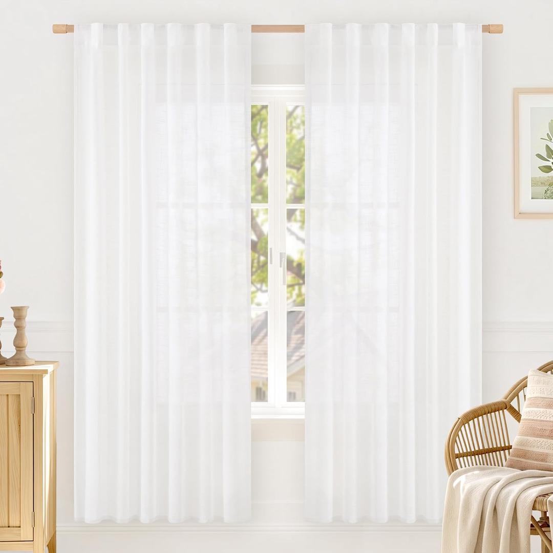 LAMIT White Linen Sheer Curtains 72 Inches Long 2 Panels, Linen Textured Light Filtering Drapes Back Tab and Rod Pocket Neutral Boho Panels for Bedroom/Living Room/Farmhouse, 52 x 72 Inch