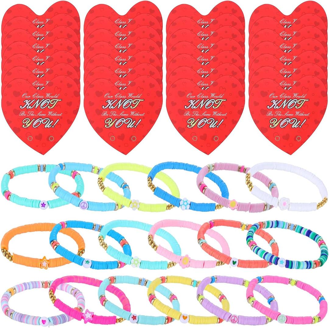 32 Sets Valentines Bracelets with Cards Student Valentines Favors from Teacher Our Class Would Knot Be the Same Without You Adjustable Stretch Beaded Friendship Bracelet Classroom Gifts