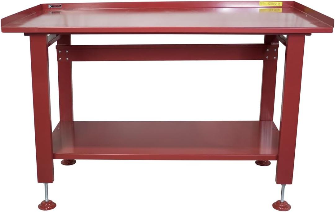 K Tool International 75111 60" x 34" Heavy Duty Work Table for Garages, Repair Shops and DIY, 1200 lb., 31" Height, Raised Edges, Bottom Shelf, Leveling Feet, 13 Gauge Steel, Powder Coated Finish, Red