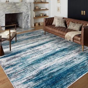 KOZYFLY Area Rug 6'x9' Modern Ombre Rugs for Living Room, Washable Large Rugs Non-Slip Soft Striped Rug for Bedroom, Print Distressed Blue Abstract Carpet for Laundry/Kid Room