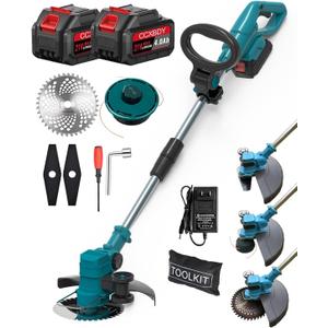 Electric Weed Wacker Cordless, 21V Electric Weed Cordless Eater Battery Powered with 2Pcs 4.0Ah Batteries, 3 in 1 Stringless Grass Trimmer/Edger/Brush Cutter for Lawn Yard Garden (blue orange)