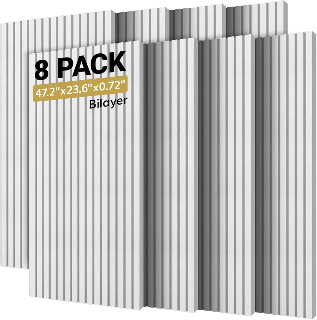 TONOR 8-Pack Bilayer Acoustic Panels Large Self-adhesive, 47.2'' * 23.6'' * 0.72 Adhesive Wall Panel, Large Soundproof Tiles for Echo Absorbtion, Acoustical Barrier of Polyester Fiber, White (8PCS 47.2'' * 23.6'' * 0.72'')