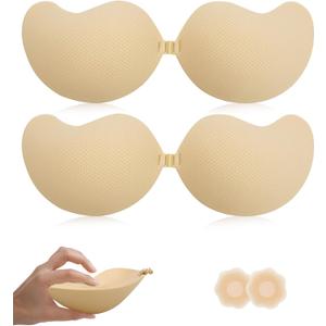 Backless Strapless Bra for Push Up, 2 Pairs Thick Padded Adhesive Invisible Sticky for Women and Wedding Dress (Beige)