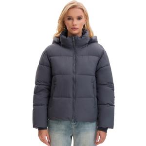 Women's Cropped Puffer Jackets,Warm Winter Jacket with Removable Hood,Zipped Pockets,Short Ladies Quilted Coat (Elegant Charcoal)