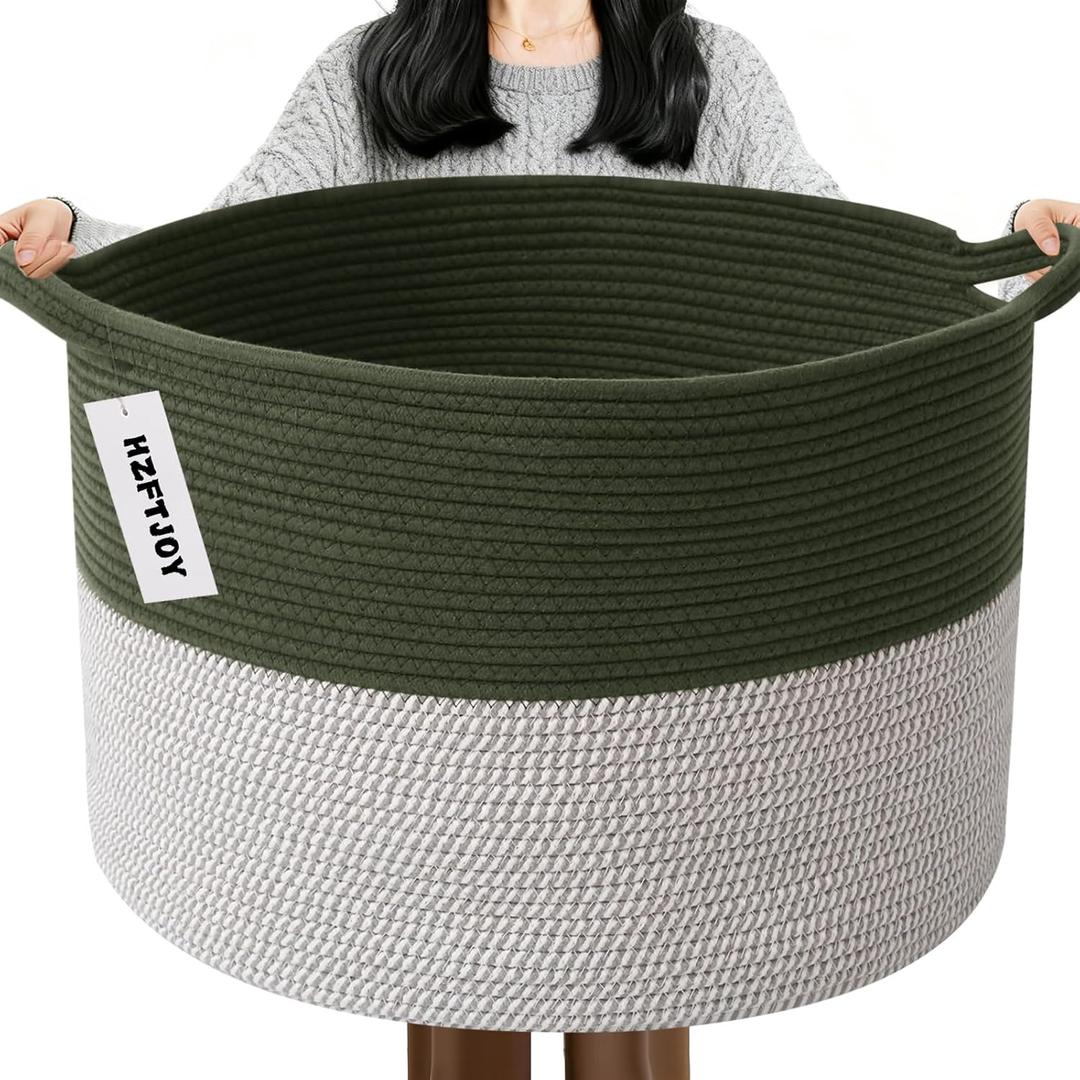 65L Large Blanket Basket,19.7" L x 19.7" W x 13" H Rope Woven Baskets with Handles, Toys Storage Bins,Laundry Basket Perfect for Living Room, Nursery,Bedroom,Home Organization,Green&White