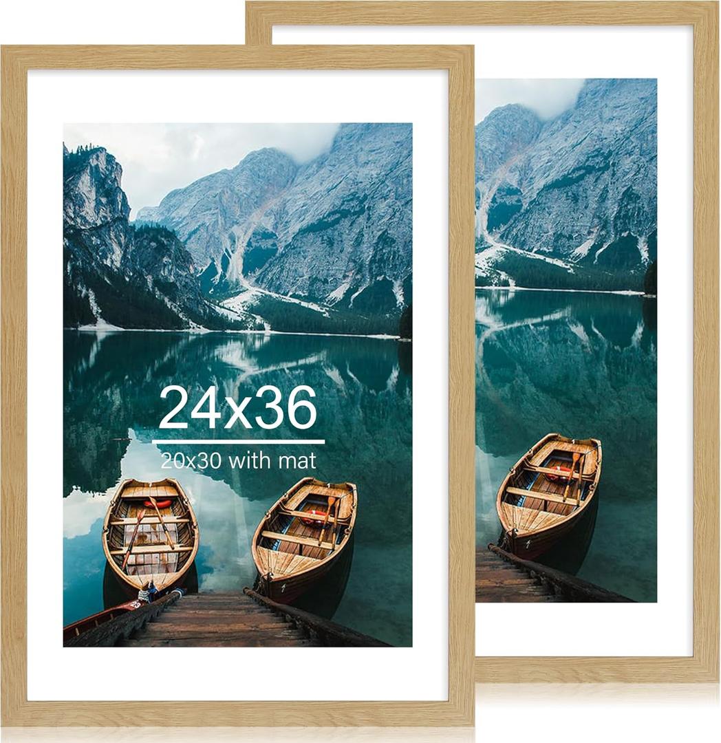 Hongkee 24x36 Poster Frame Set of 2, Natural Oak Wood Style - Display 20x30 Picture with Mat or 24 x 36 Poster without Mat, Wall Mounting Horizontal and Vertical