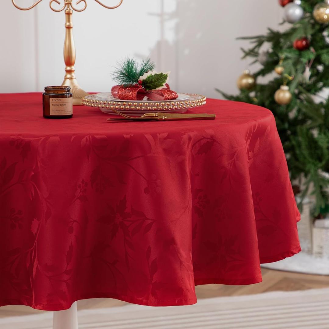 joybest 70 Inch Round Christmas Tablecloth, Elegance Christmas Jacquard Table Cloth Spillproof Polyester Fabric Tablecloths for Christmas Decoration, Holiday Dinner & Family Gathering, Red