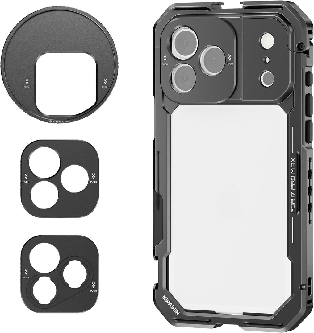NEEWER 17 Pro Max Cage, Quick Release Video Rig Phone Stabilizer Compatible with iPhone 17 Pro Max with 67mm Filter Ring, 17mm Lens Backplate, T Mount Adapter Compatible with Moment, Black, PA144