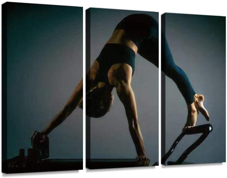 BELISIIS Young Girl Doing Pilates Exercises with a Reformer Bed Beautiful Slim Wall Artwork Exclusive Photography Vintage Paintings Print on Canvas Home Decor Wall Art 3 Panels Framed Ready to Hang (Multi4)