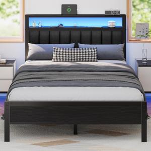 Furnulem Full Size Bed Frame with Charging Station and LED Lights, Platform Bed with Metal Slats, Grey Upholstered Headboard with 2-Tier Storage Shelves, No Box Spring Needed (Black Oak)