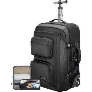 Carry on backpack with wheels, Rolling backpack with Dry-Wet Pocket, TSA Lock, Laptop Compartment, Water-Resistant for Men Women, Work, Air Travel3-Piece Set-Includes Toiletry & Storage Bag (Black-two)