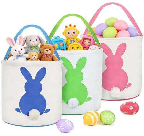 3 PCS Easter Eggs Hunt Basket for Kids Canvas Bunny Basket Egg Bags Rabbit Fluffy Tails Party Celebrate Decoration Gift Toys Carry Bucket Tote
