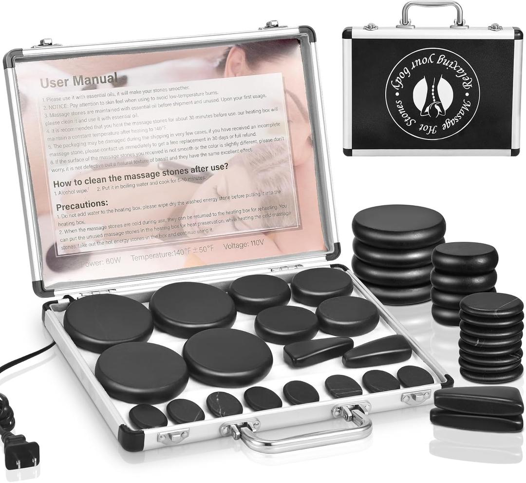 18PCS Hot Stones for Massage with Warmer, Hot Stones Massage Set with Warmer Kit Basalt Hot Rocks Massage Stone for Spa Warming Therapy Pain Relie