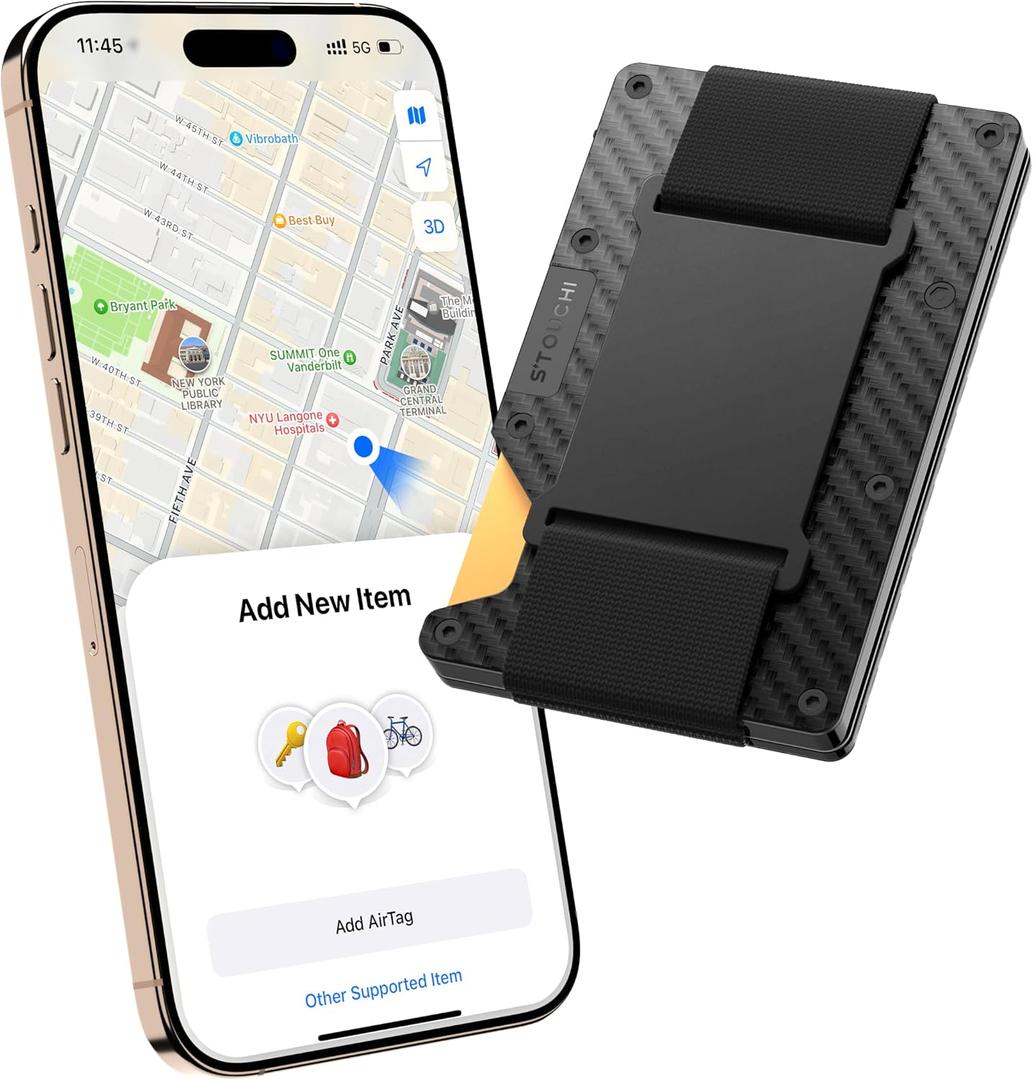 Stouchi Card Holder Wallet for Men, Find My AirTag Chip (iOS Only) Slim Credit Card Holder RFID, Cash Strap, Minimalist Trackable Wallet for Boyfriend Husband Christmas Anniversary Birthday Gifts