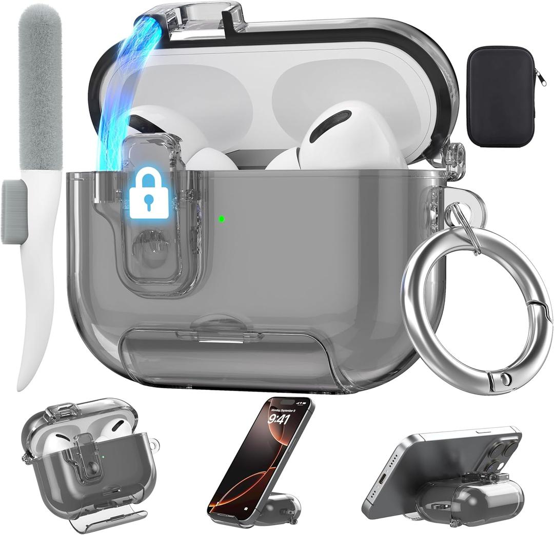 Valkit Compatible with Apple Airpods Pro 3 Case 2025, Clear Magnetic Automatic Lock Cases with Phone Stand &Cleaning Kit for Air pod Pro 3 Gen, iPods Pro 3 Earbuds Keychain Case for Airpod Pro 3 Black