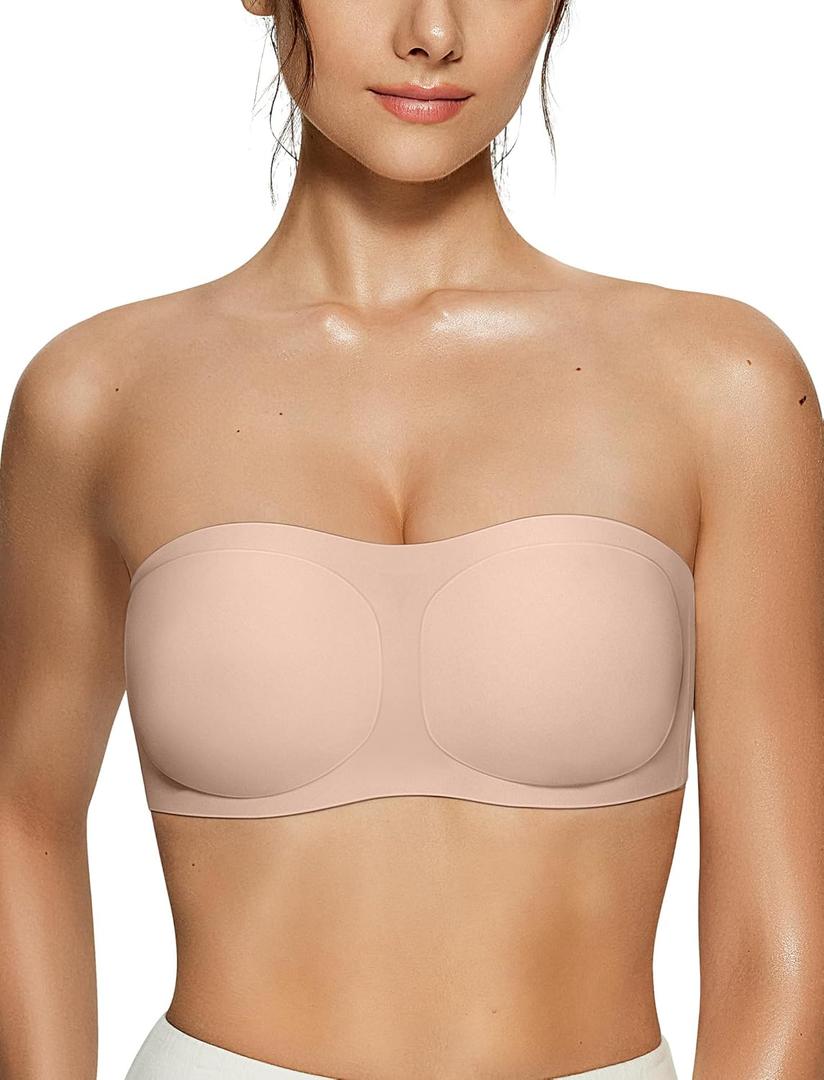Vertvie Womens Strapless Bra Jelly Push Up Seamless Bandeau Bra Wireless Non Slip Silicone Tube Top Bras Padded Bralette (Beige, M)