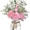 Faux Flowers with Vase,Artificial Silk Roses in Vase, Fake Plant Eucalyptus Flower Arrangement for Home Office Farmhouse Bathroom Dining Table Centerpiece Decorations Coffee Table Decor (Pink)