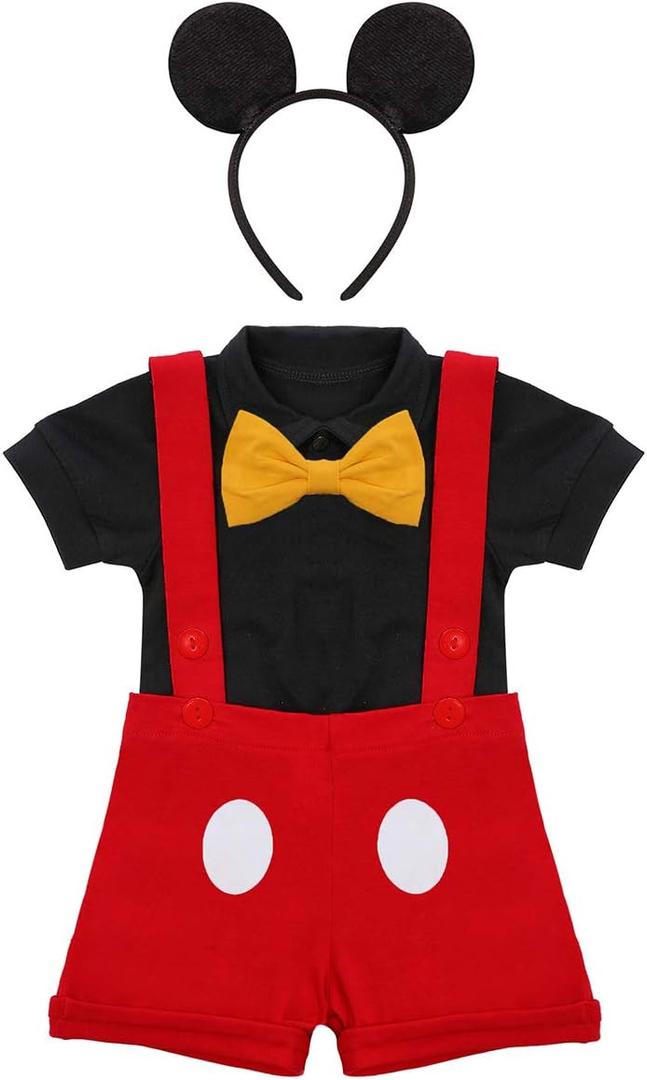 IMEKIS Toddler Baby Boys Red Outfit Bowtie Romper Overalls Shorts 1st Birthday Cake Smash Photo Shoot Clothes (6-12 Months, # Black + Red Eyes With Headband)