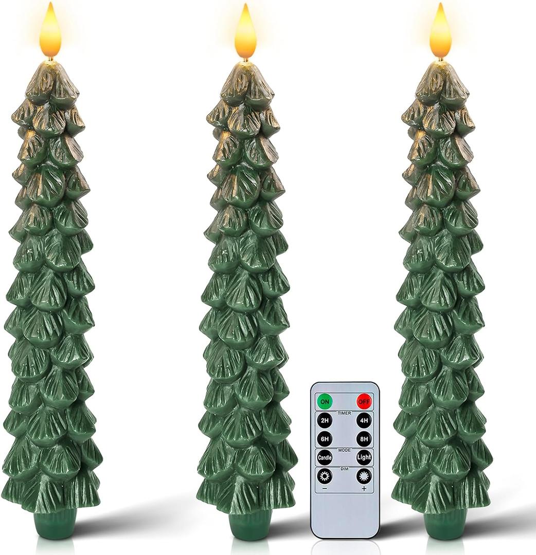 Homemory 3 Pcs Christmas Tree Candles with Remote, Waxy Flameless Taper Candles Flickering, Green LED Candlesticks Battery Operated for New Year Celebration Holiday Decorations 9.7 Inches