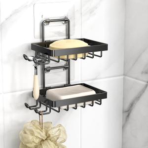 Moforoco Double Soap Bar Holder for Shower, No Drilling, 304 Stainless Steel, Wall Mounted Soap Holder with 4 Hooks and Razor Holder, Shower Rack Soap Tray Bar Soap for Bathroom Accessories Organizer (Black)