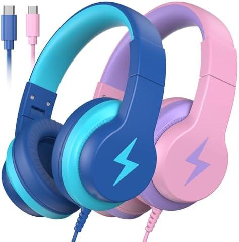 Kids Headphones for School 1 Pack, Upgrade USB C Headphones for Kids, Wired Headphone for Kid, HD Stereo Sound, Foldable Kid Over-Ear Headphone for Boys, Girls, iPad, PC, Tablets, Travel Blue