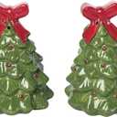 Christmas Tree Salt and Pepper Shaker Set, Ceramic, 3 Inches High, Green with Red Bow, Holiday Table Decor