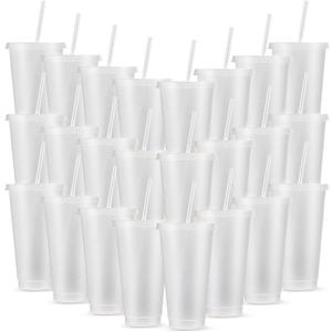 Amyhill 24 Pcs Reusable Cups with Lids and Straws 24 oz Glitter Iced Coffee Tumbler Plastic Travel Mug Cup for Smoothie Juices Birthday Sleepover Party Supplies for Girls(Clear)