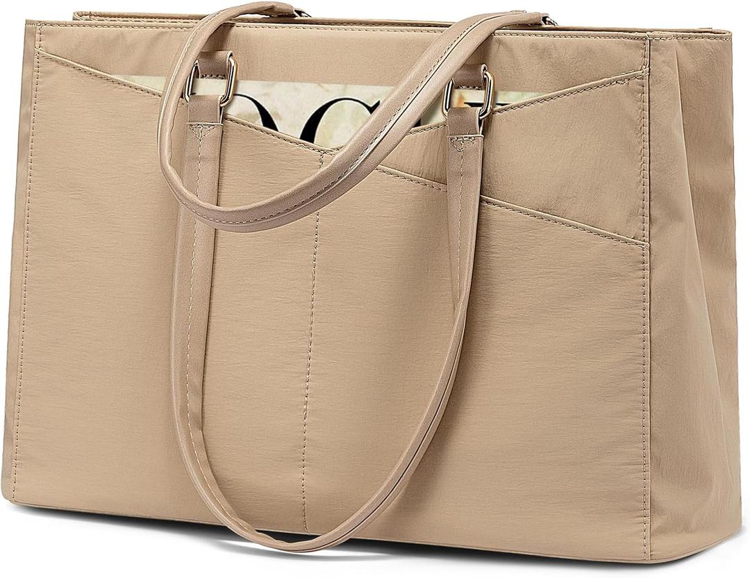 LOVEVOOK Laptop Tote Bag for Women Work, 15.6inch Work Teacher Tote Bag, Large Capacity Computer Briefcase Bags Shoulder Bag for Office Travel (Khaki-polyester)