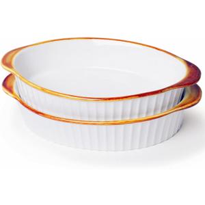 LEETOYI Porcelain Small Oval Au Gratin Pans, Baking Dish Set for 1 or 2 person servings, Bakeware with Double Handle for Kitchen and Home, Set of 2 (White/Brown)