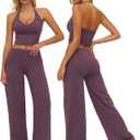ABOCIW Womens Workout Sets 2 Piece Spaghetti Straps Crop Top Straight Leg Yoga Pants Yoga Pilates Outfits (Small, Halter Plum)