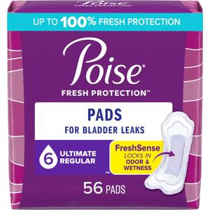 Poise Incontinence Pads and Postpartum Incontinence Pads, 6 Drop Ultimate Absorbency, Regular Length, 56 Count