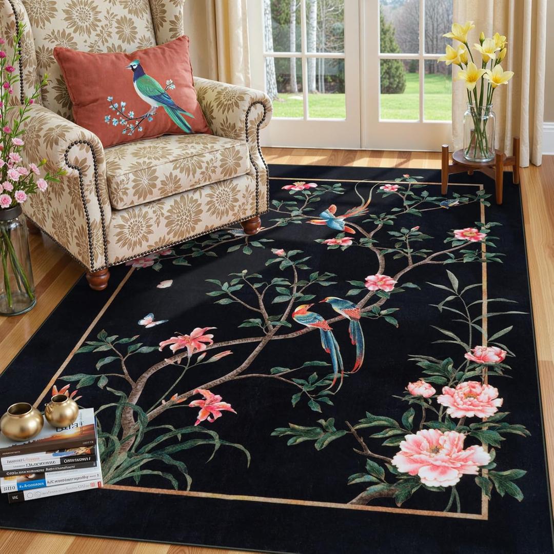 LIVEBOX Washable 5x7 Area Rugs for Living Room Clearance, Non Slip Soft Low Pile Oriental Floral Birds Chinoiserie Neutral Rugs for Bedroom, Carpet Rug for Kids Nursery Dining Room(Black,5'x7')