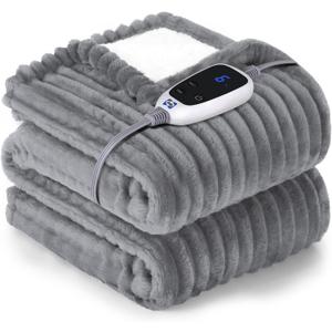 Sealy Electric Blanket Heated Throw, Soft Flannel to Sherpa Reversible Safe Heating with 6 Heat Settings & 2-10 Hours Auto Shut - Off Overheat Protection, Machine Washable, 50" x 60" Gray (Throw Size 50" x 60")