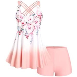 ROSE GAL Womens Plus Size Curve Ombre Color Floral Print Crisscross Modest Tankini Swimsuit Set Size L