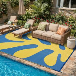 Wonnitar Abstract Outdoor Rug 9x12, Modern Coral Waterproof Reversible Plastic Straw Rug for Patio, Foldable Lightweight Outside Carpet for Deck, Balcony, RV, Beach, Blue/Yellow