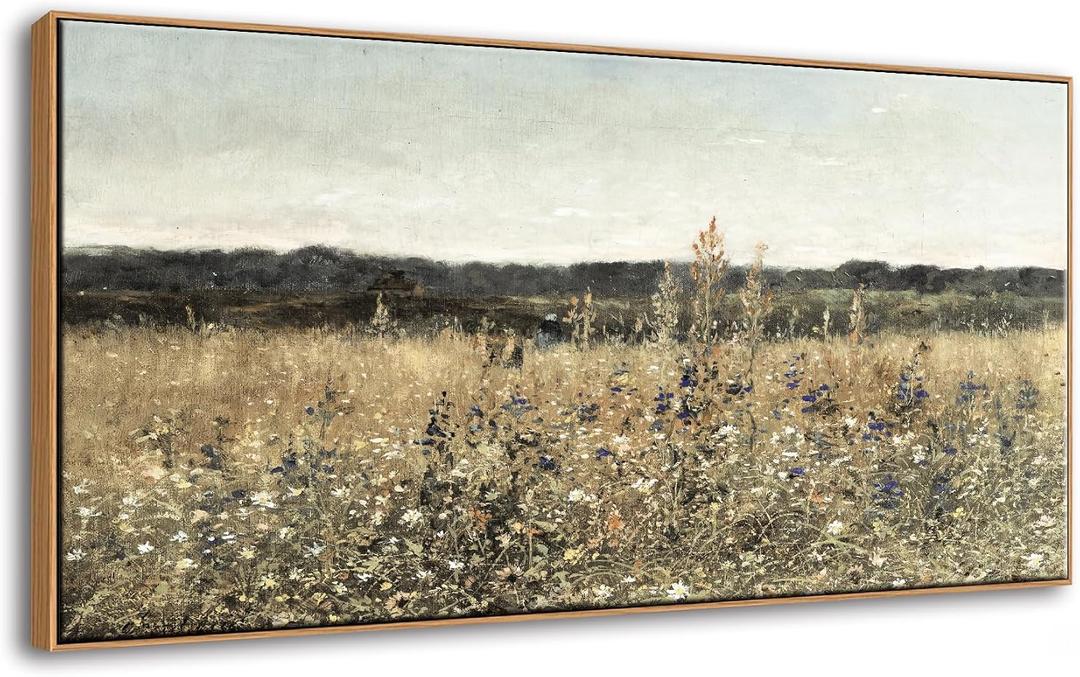 DJSYLIFE Framed Vintage Wall Art, Extra Large Wildflower Fields Canvas Wall Art, Classical Flowers Landscape Painting Prints, Country Farmhouse Living Room Decor, Modern Home Bedroom Decor 24x48inch