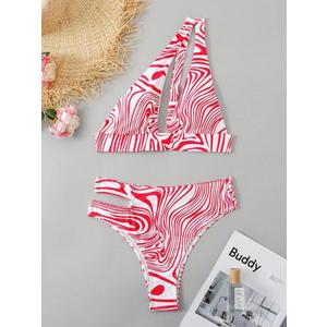 One-Shoulder Cutout Bikini Swimsuit with Fluid Pattern, Size Medium