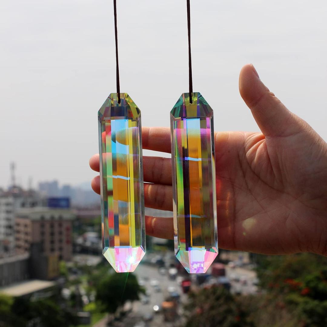 2PCS 5" Large Suncatchers Crystal Prisms, stino Hanging Sun Catcher with Glass Prism, Rainbow Maker for Windows, Room, Garden Fantasy Aesthetic Home Decor (1, Rectangle ABColor 2Pcs)