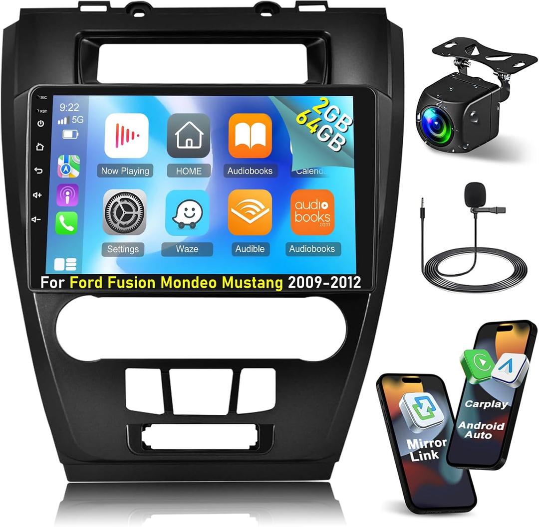 [2+64G] Car Stereo for Ford Fusion Mondeo Mustang 2009-2012 - Wireless Carplay and Android Auto - 10.1 Inch Touch Screen Android Car Radio with Multiple UI/GPS/WiFi/SWC + AHD Backup Camera