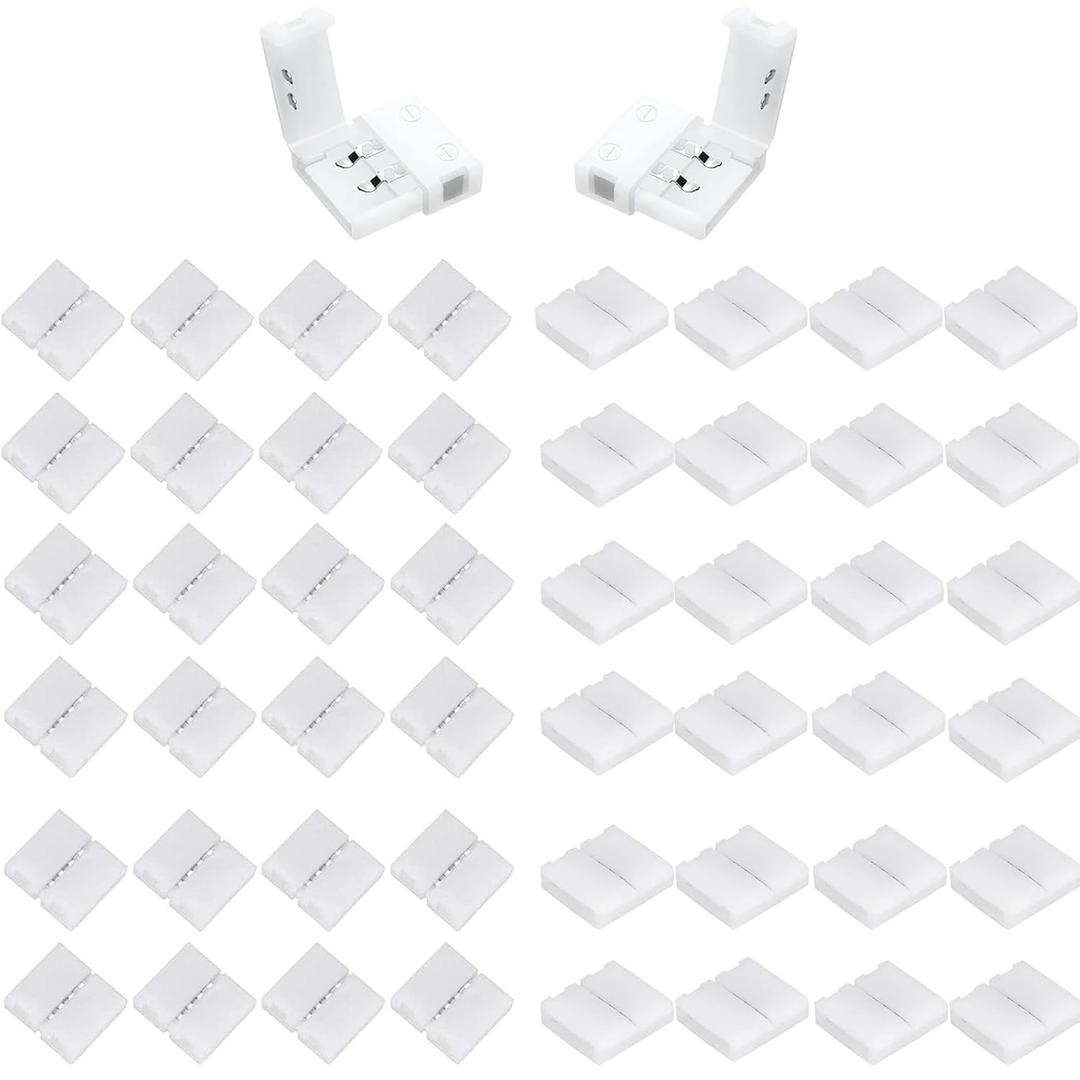 50 Pcs LED Strip Connectors 2 Pin, Unwired Solderless Gapless Connector,10mm Wide RGB L Splitter Right Angle T-Shape Connector for RGB 3528 2835 Multicolor LED Strip Lights