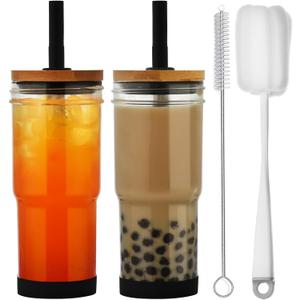 ALINK Glass Cups with Lids and Straws, 24 oz Mason Jar Drinking Glasses Tumbler with Silicone Boot, Tips, Brush, Reusable Iced Coffee Cups, Boba Tea Smoothie Cups - 2 Black