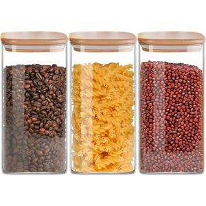 1.6 Qt Square Glass Storage Containers with Lids, Clear Food Storage Container Jar with Sealing Bamboo Lid for Noodles Flour Cereal Rice Sugar Tea Coffee Beans,Square Set of 3