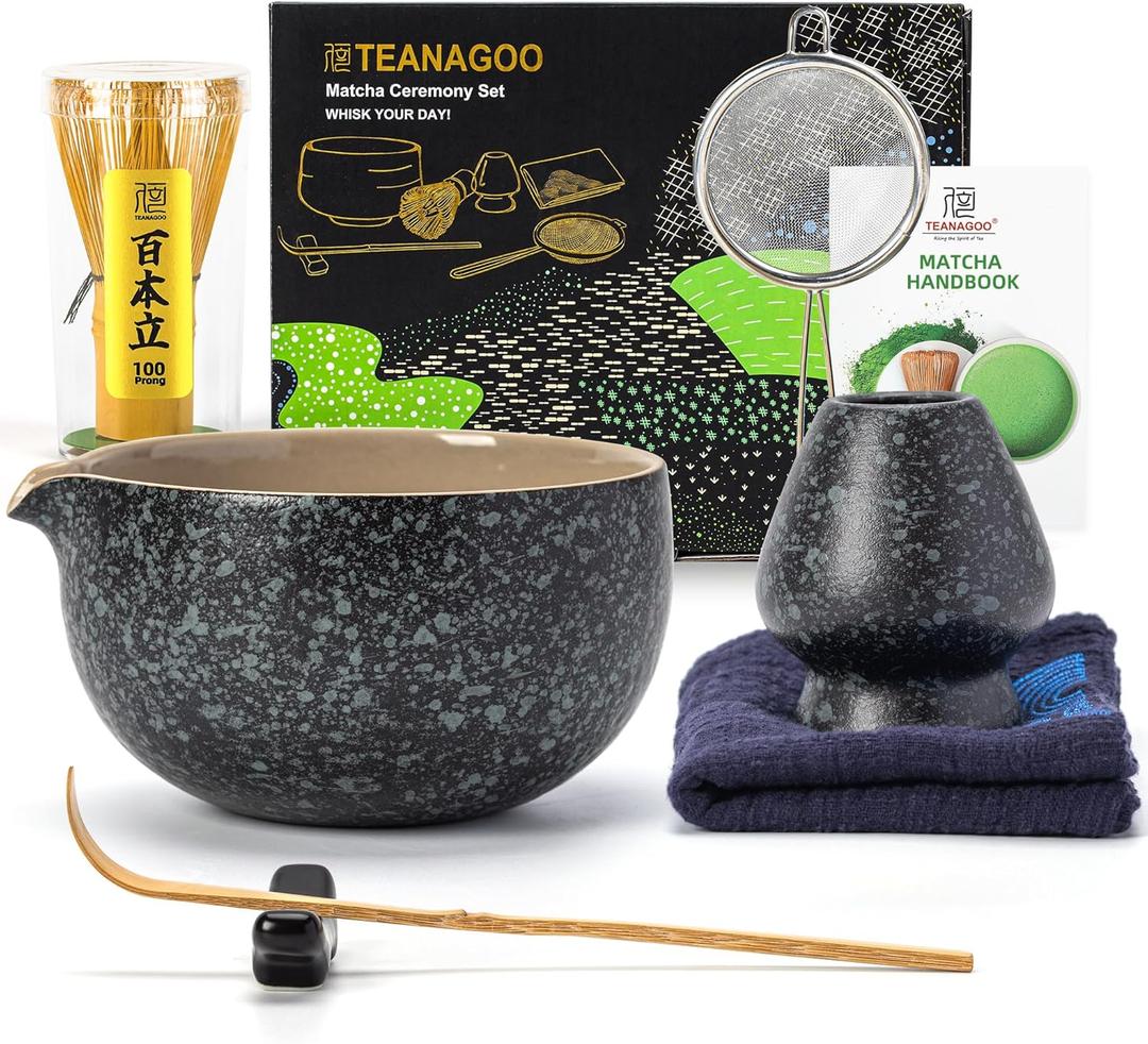 TEANAGOO Matcha Whisk Set Black,7 Pcs Matcha Set,Matcha Kit for Ceremony,Tradition Tea Set for Making Breakfast/Latte,Matcha Whisk Set with Bowl(Chawan)/Whisk and Holder,Gift for Family/Friend (Charcoal Black 1)